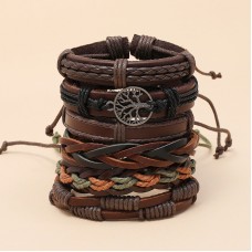 6Pc Leather & Wax Cord Bracelet Set