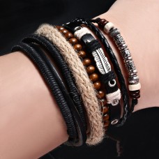 4Pc Leather, Wood & Wax Cord Bracelet Set