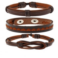 3Pc Leather & Wax Cord Bracelet Set