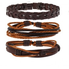 3Pc Leather & Wax Cord Bracelet Set