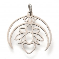 Silver Stainless Steel Charm - Medium Moon with Lotus Flower