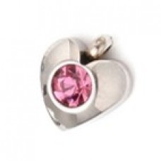 Silver Stainless Steel Charm -  Heart with Pink stone