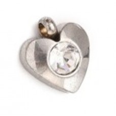 Silver Stainless Steel Charm -  Heart with Clear stone