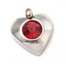 Silver Stainless Steel Charm -  Heart with Dark Red stone