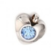 Silver Stainless Steel Charm -  Heart with Light Blue stone