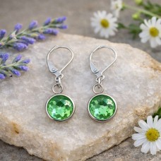 10mm Stainless Steel Round Dangle Earrings - Peridot