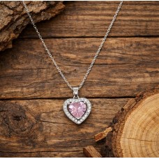 Stainless Steel 2mm Oval necklace with Pink heart cubic zirconia pendant