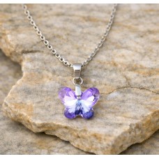 Silver Stainless Steel Necklace with Crystal Butterfly pendant - Purple 