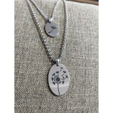2Pc Stainless Steel Set with Dandelion engraved Oval pendants