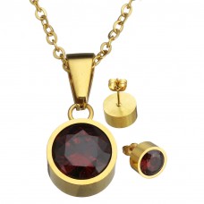 2Pc Deep Red Round Stainless Steel Set with Necklace & Earrings 2Pc Deep Red Round Stainless Steel Set with Necklace & Earrings